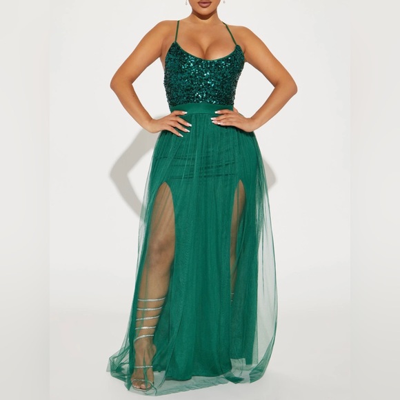 Fashion Nova Hunter Green Starlight Tulle Maxi Dress - Picture 4 of 4